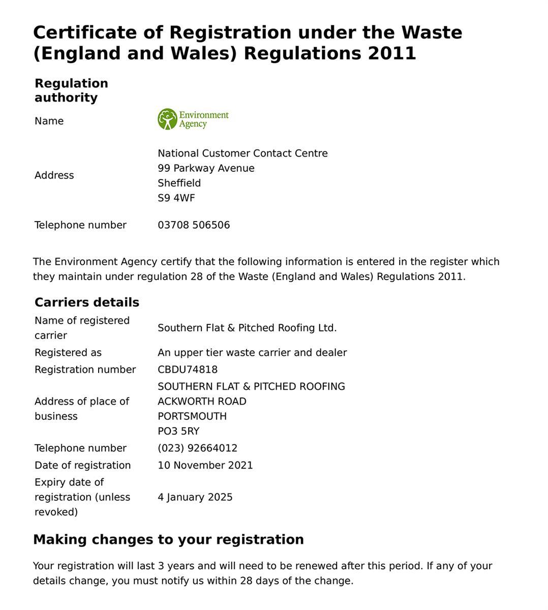 Certificate of Registration under the Waste (England and Wales) Regulations 2011