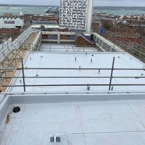 Sarnafil light grey single ply membrane roof Portsmouth’s historic Hard