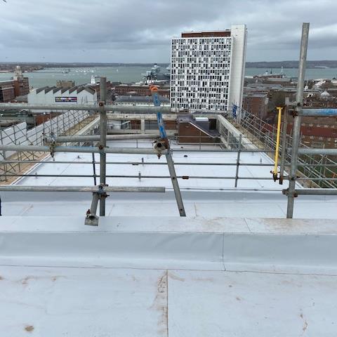 Sarnafil light grey single ply membrane roof Portsmouth’s historic Hard